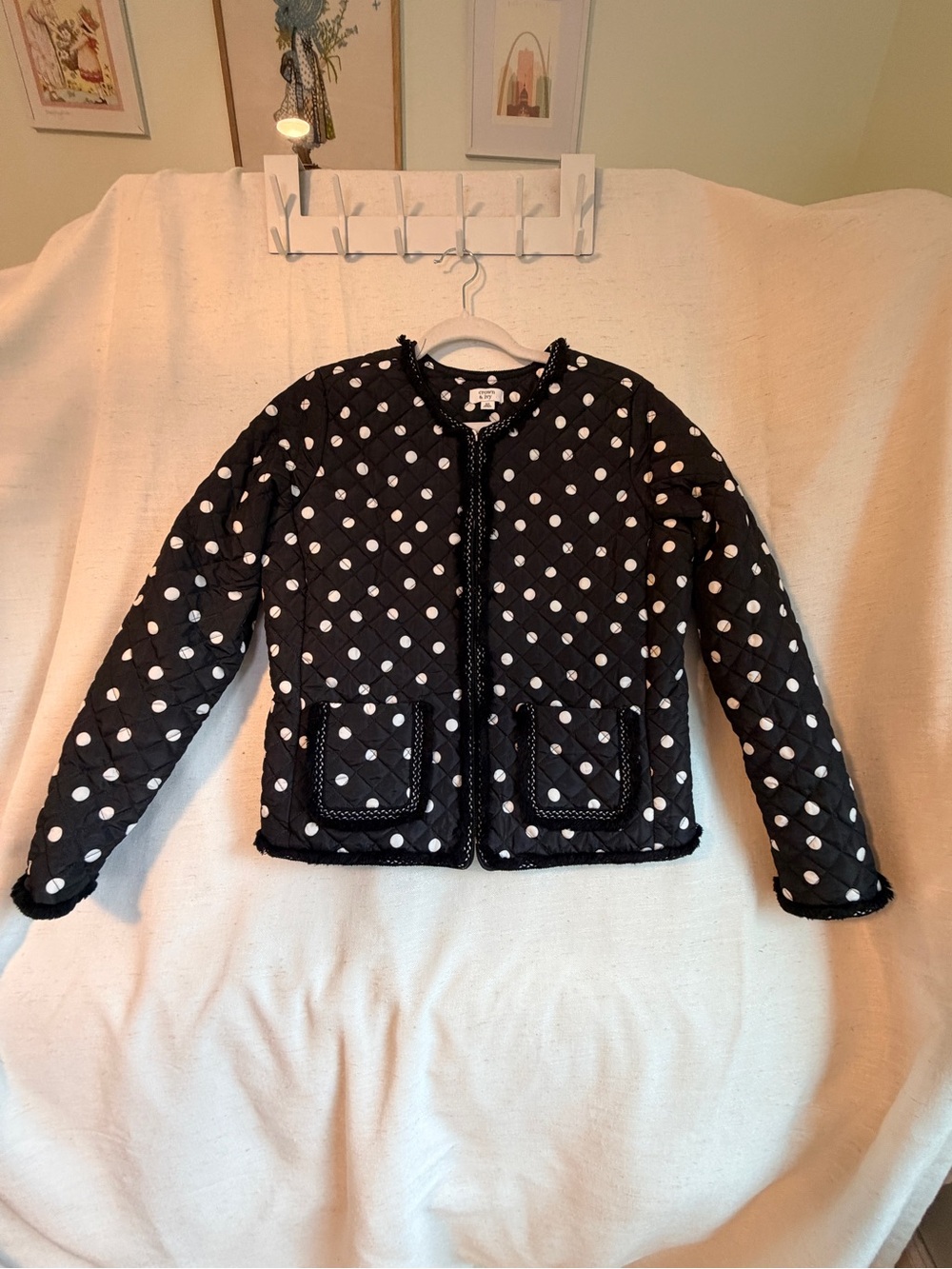 Crown & Ivy Polka Dot Quilted Jacket XS Black White Fringe Trim